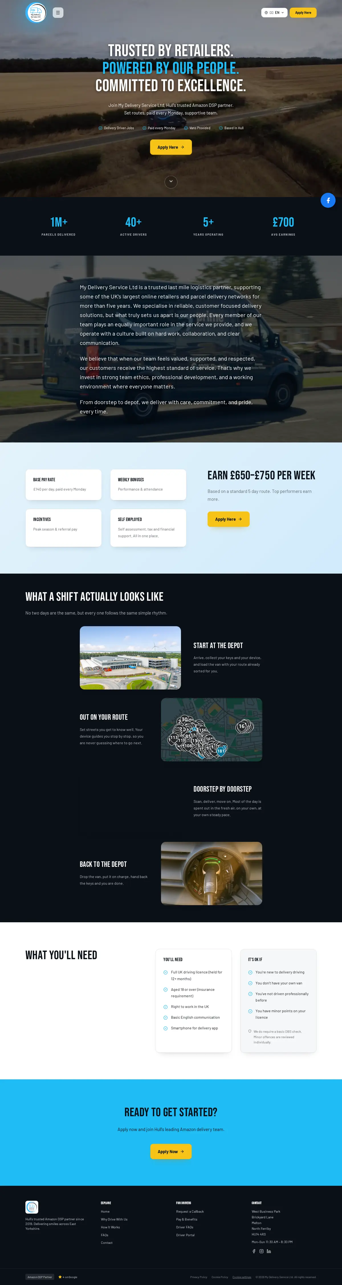 My Delivery Service Ltd website, a driver recruitment page, desktop view