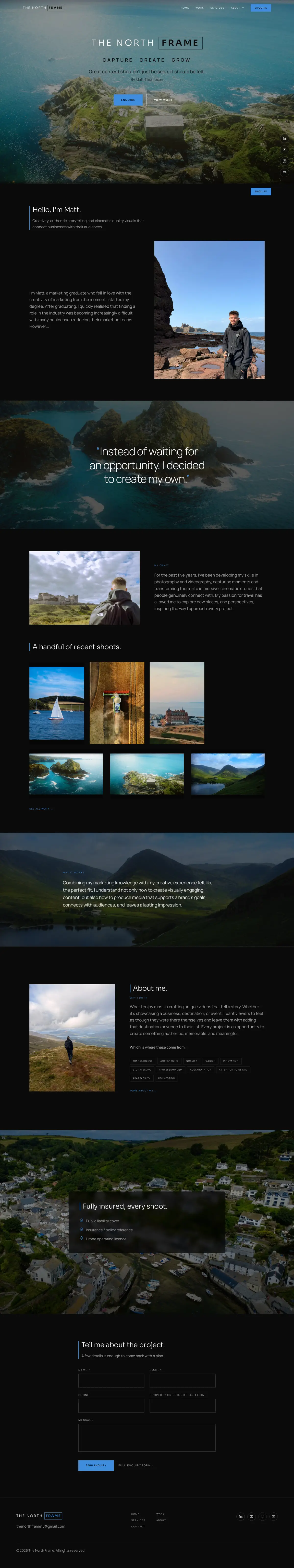 The North Frame website, drone and property videography, desktop view